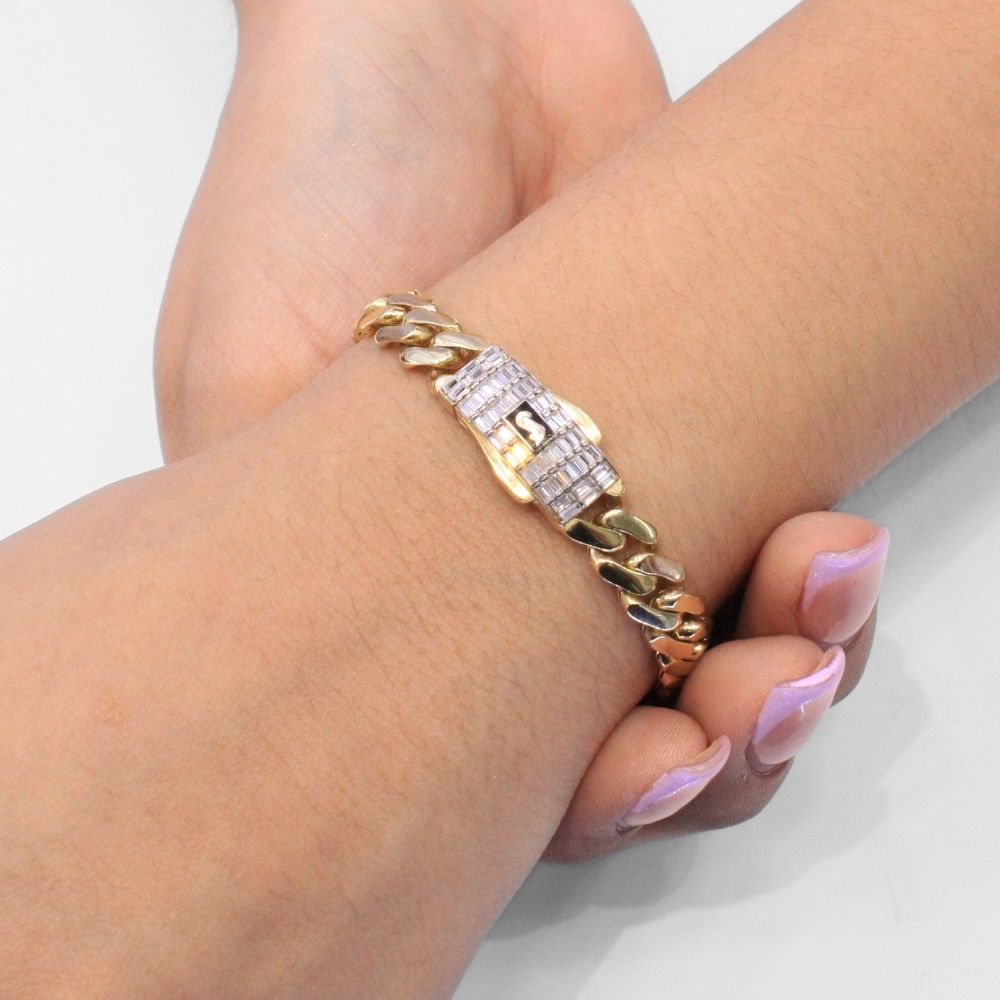 Pulsera Mónaco Chain 14k Modelo Classic Plain de Broche Baguette con Incrustación Swarovski mod. 9685