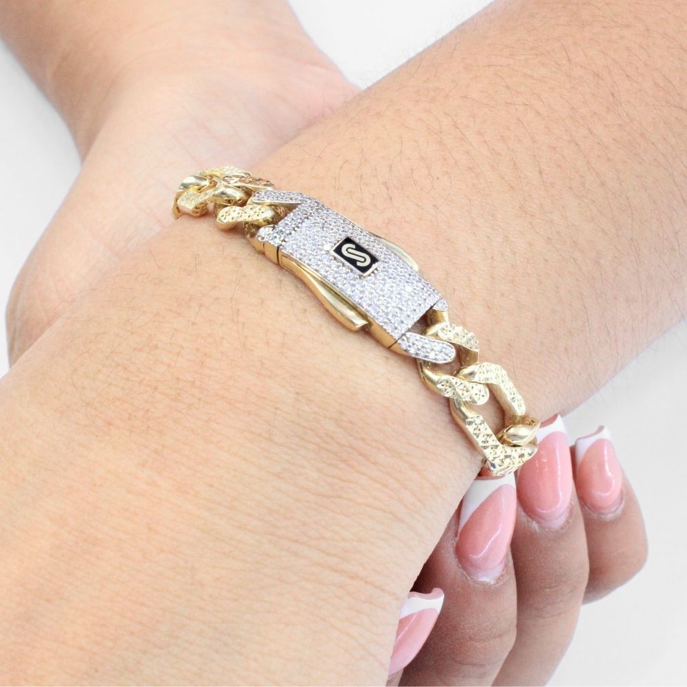 Pulsera Mónaco Chain 14k Modelo Figaro Flex Hueco con Broche Pavé mod. 8883