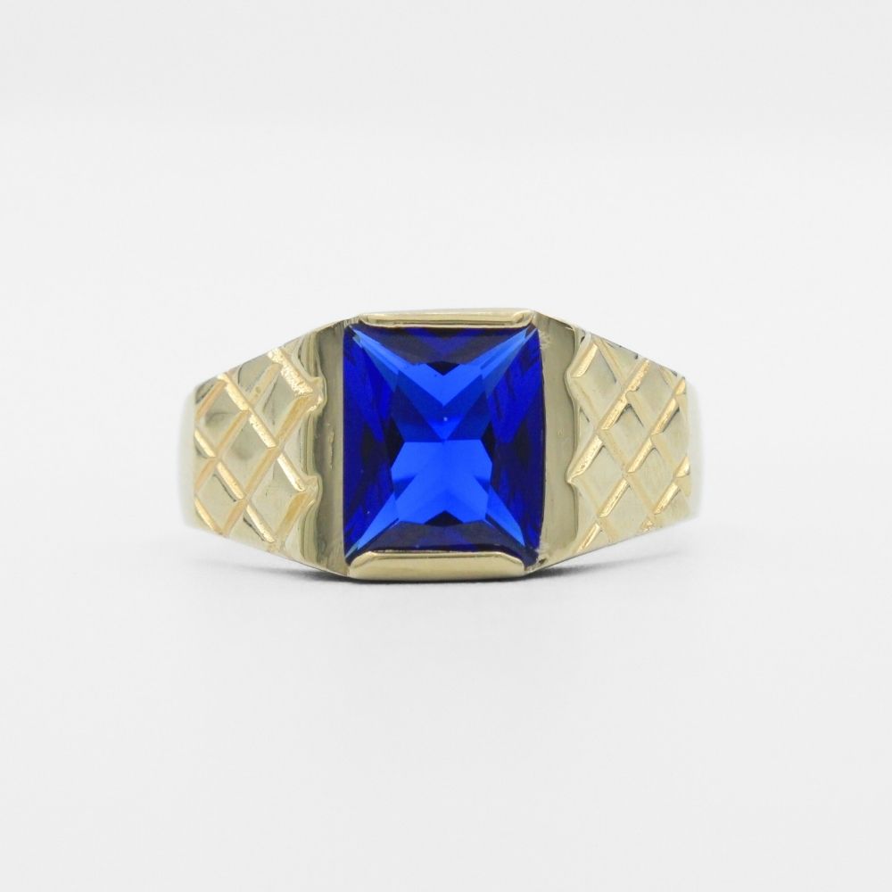 Anillo de Oro 14k con Zirconia Color Azul y Diseño Mate de Figura X mod. 9917