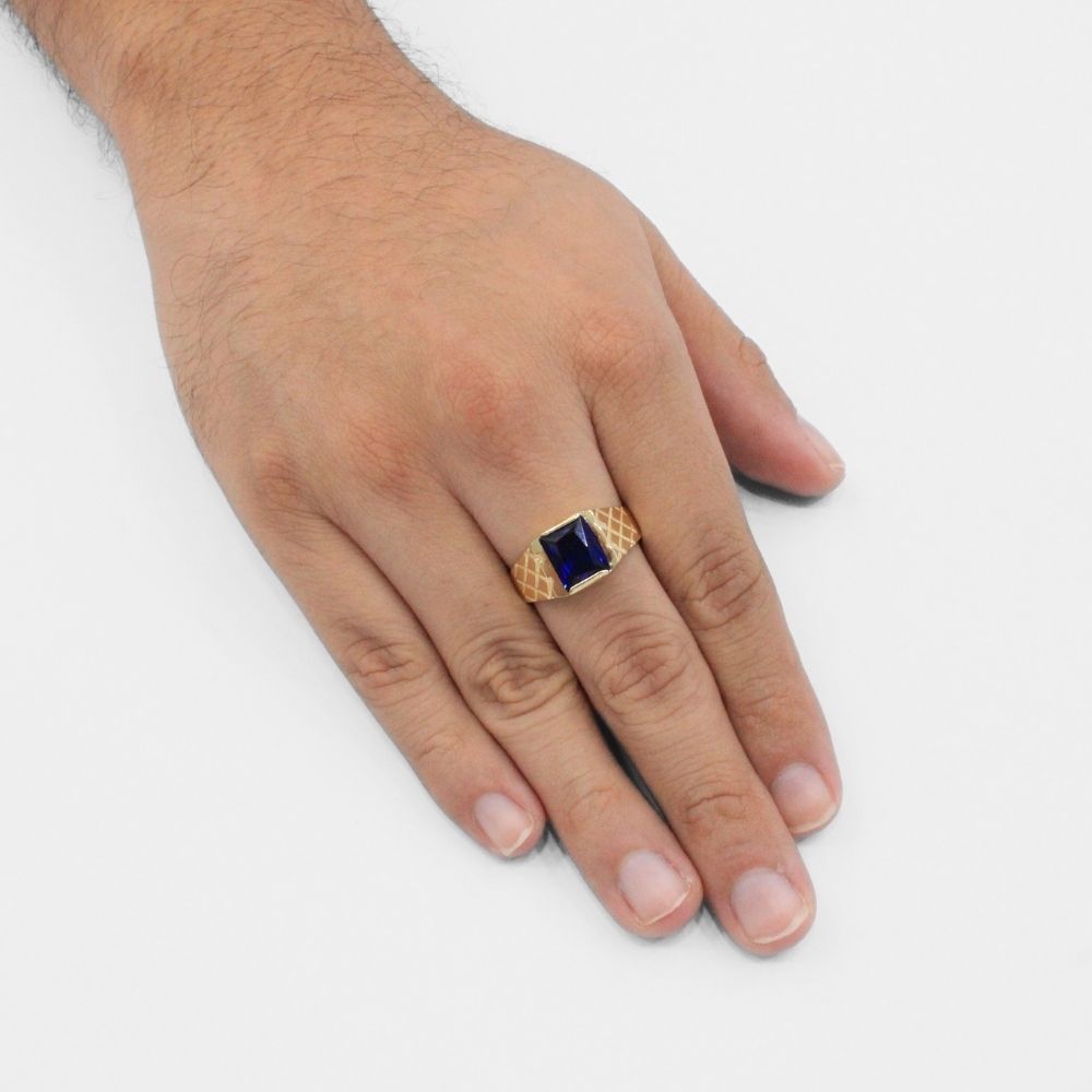 Anillo de Oro 14k con Zirconia Color Azul y Diseño Mate de Figura X mod. 9917