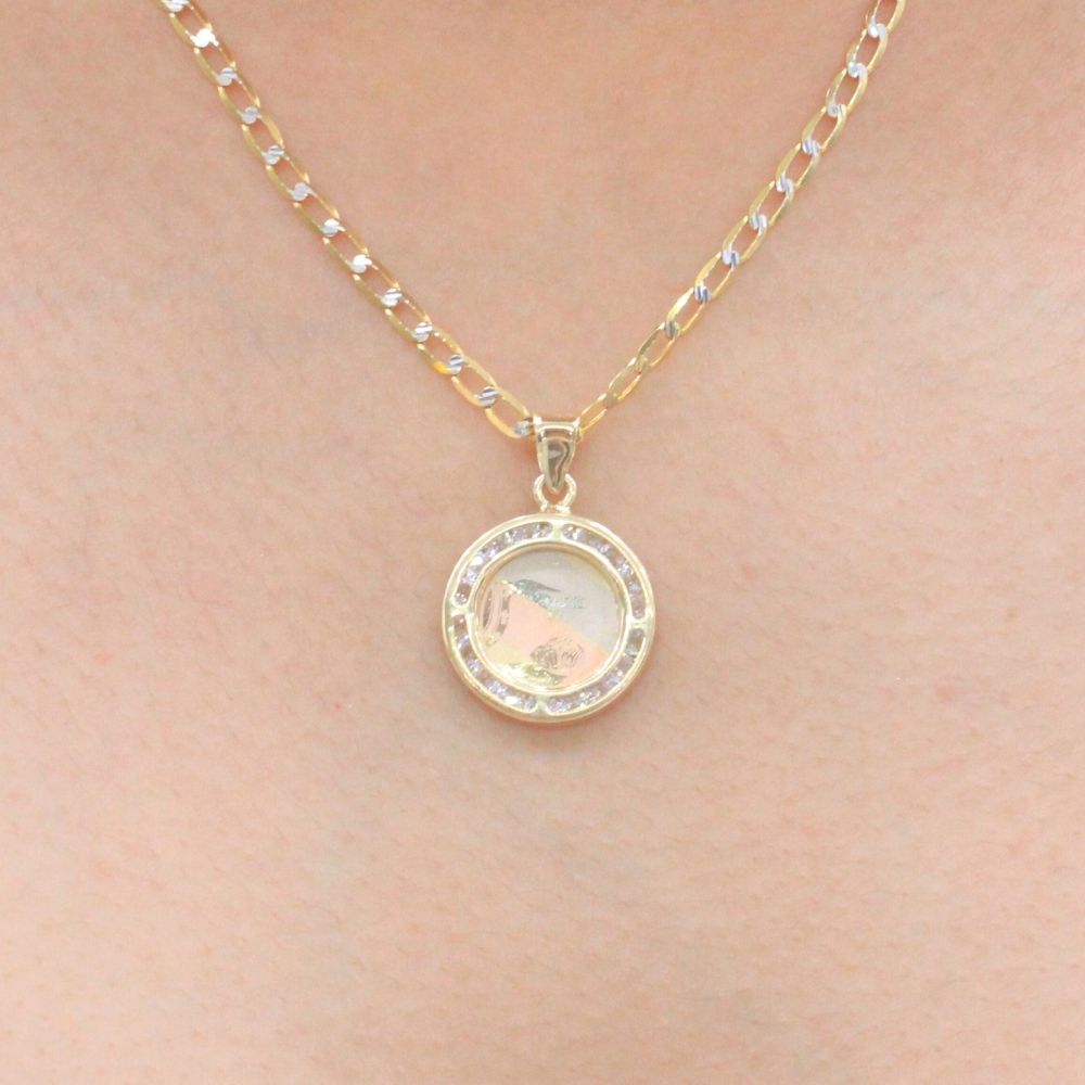 Medalla de Oro 14k para Bautizo con Diseño del Bautismo en Color Florentino y Orla de Zirconias mod. 9889