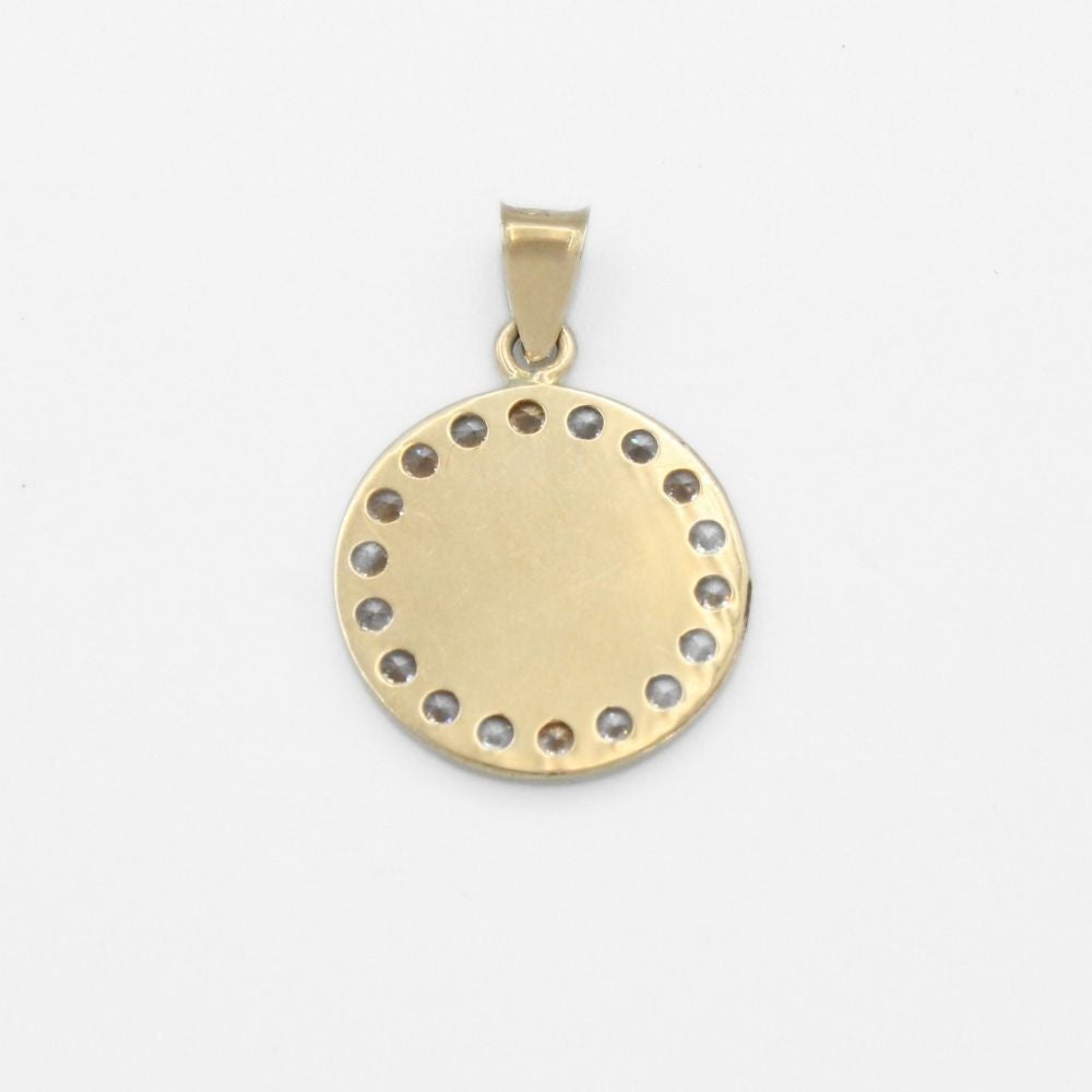 Medalla de Oro 14k para Bautizo con Diseño del Bautismo en Color Florentino y Orla de Zirconias mod. 9889