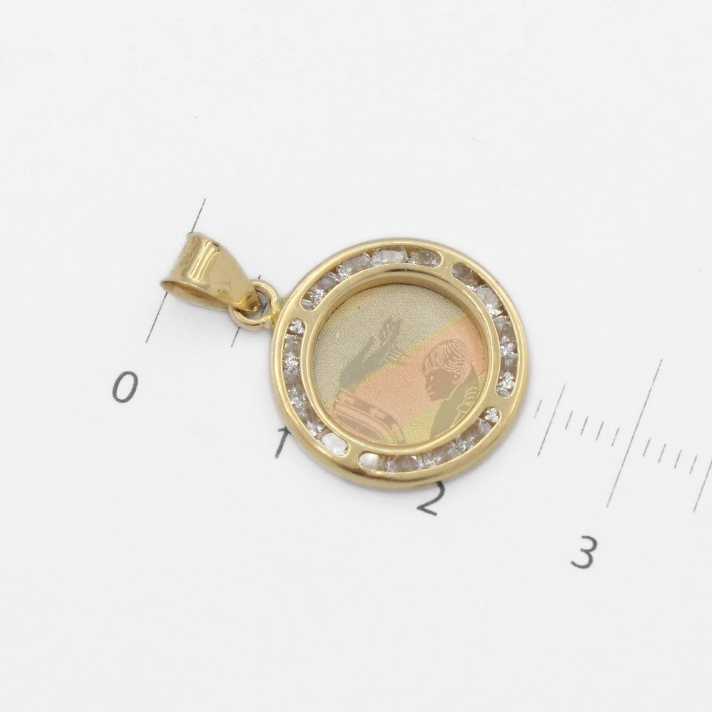 Medalla de Oro 14k para Bautizo con Diseño del Bautismo en Color Florentino y Orla de Zirconias mod. 9889