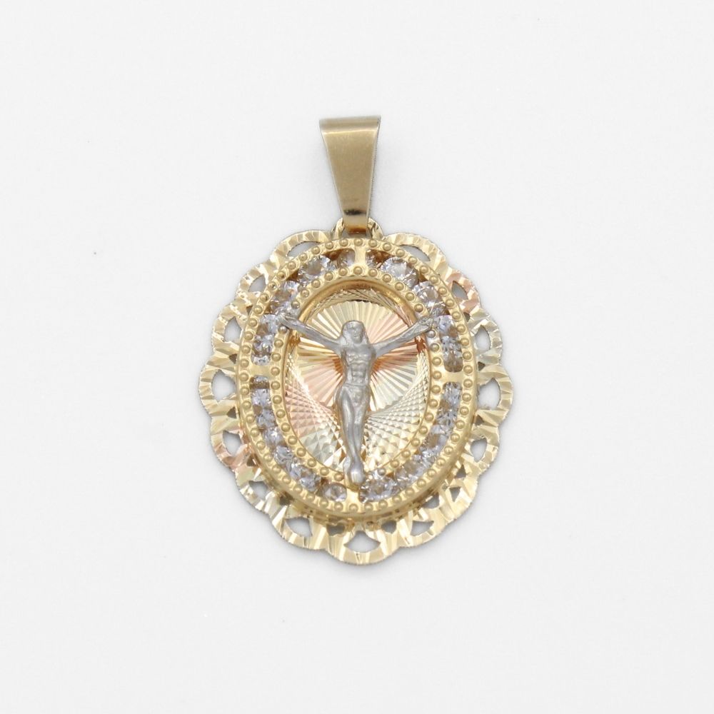 Medalla de Oro 14k para Bautizo con Cristo en Cruz y Marco Calado con Zirconias Mod. 9890