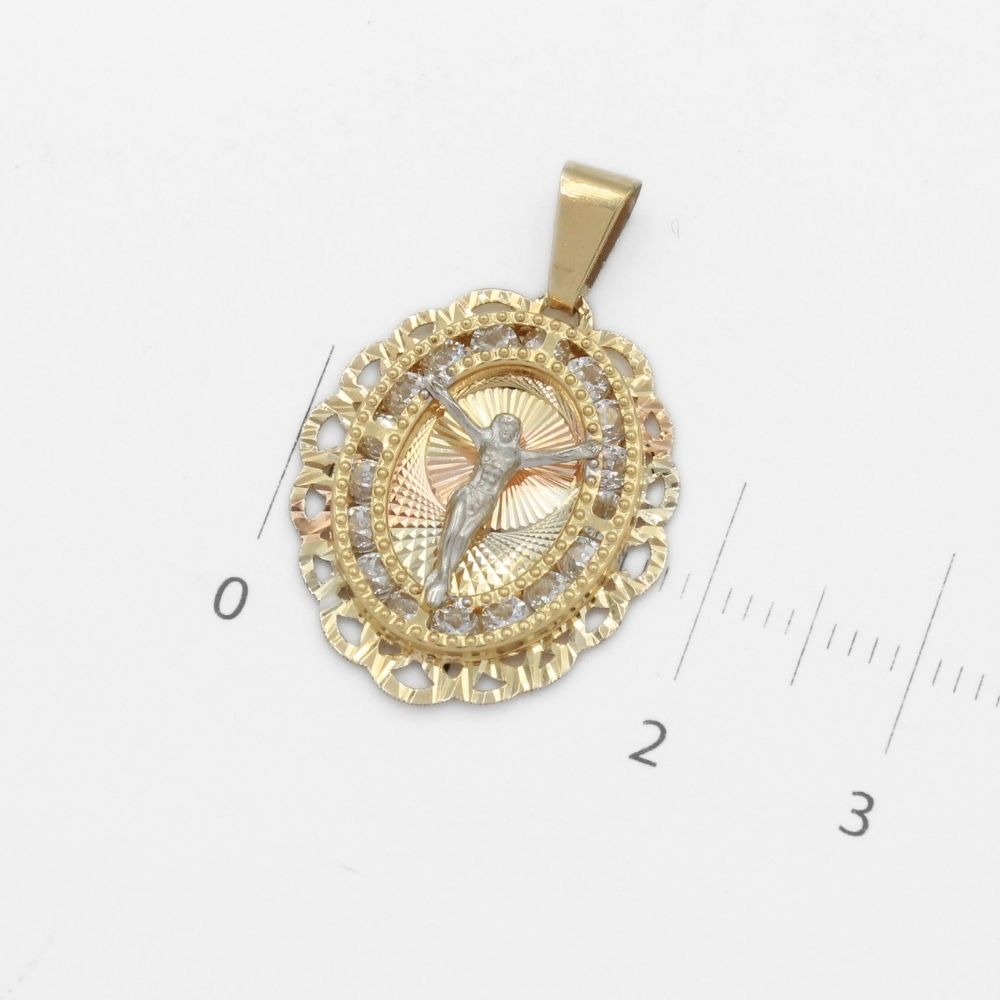 Medalla de Oro 14k para Bautizo con Cristo en Cruz y Marco Calado con Zirconias Mod. 9890