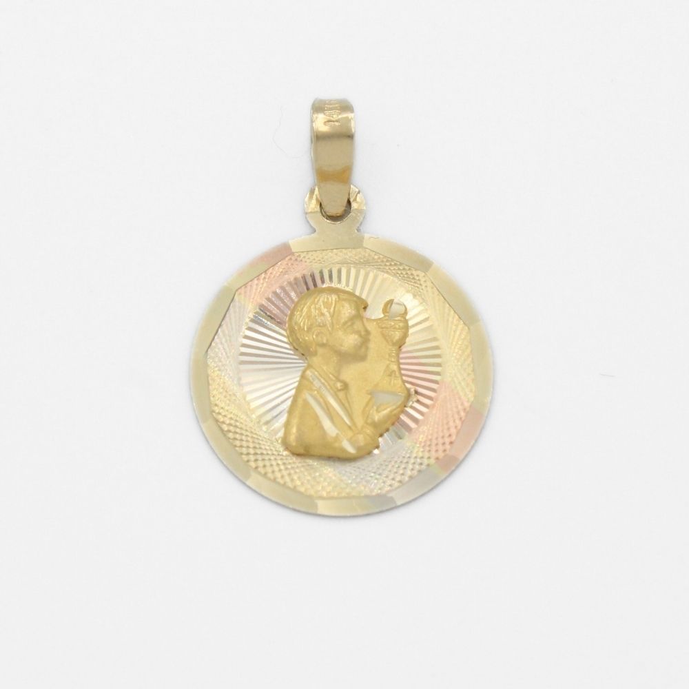 Medalla de Oro 14k para Primera Comunión con Diseño de Niño en Acto de Comunión en Color Florentino mod. 9893
