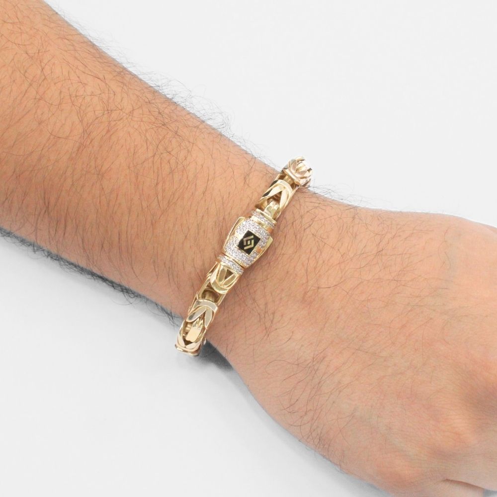 Pulsera de Oro 14k Tejido Bizantino Hueco con Broche Incrustado de Zirconias mod. 9924