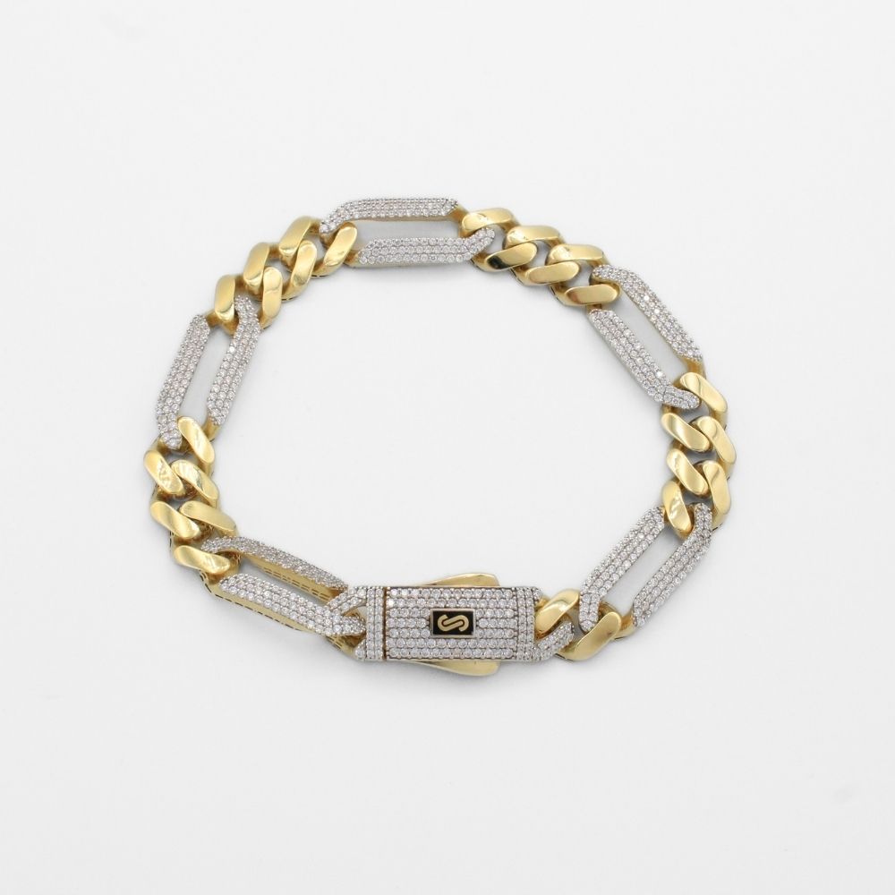 Pulsera Mónaco Chain 14k Modelo Fígaro Hueco de Broche Pavé con Incrustación Alt. de Swarovski mod. 9925