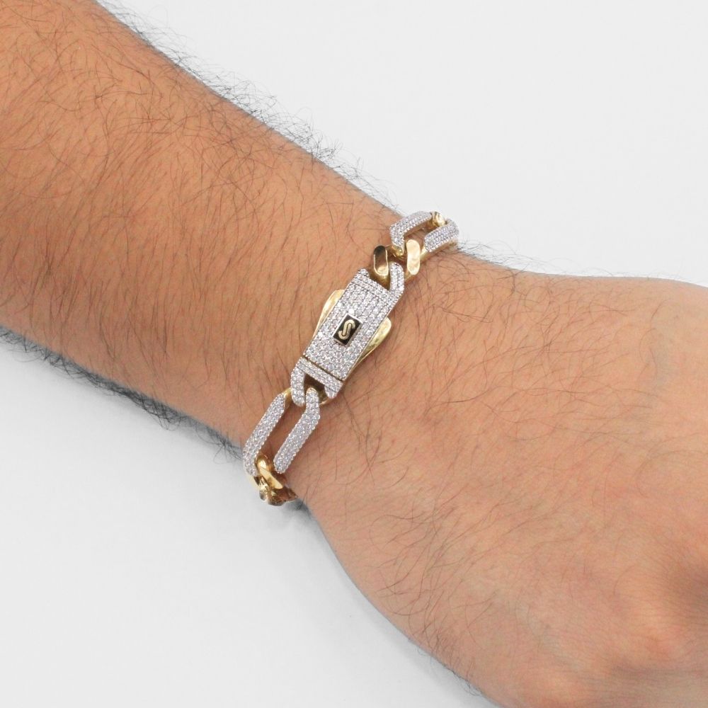 Pulsera Mónaco Chain 14k Modelo Fígaro Hueco de Broche Pavé con Incrustación Alt. de Swarovski mod. 9925