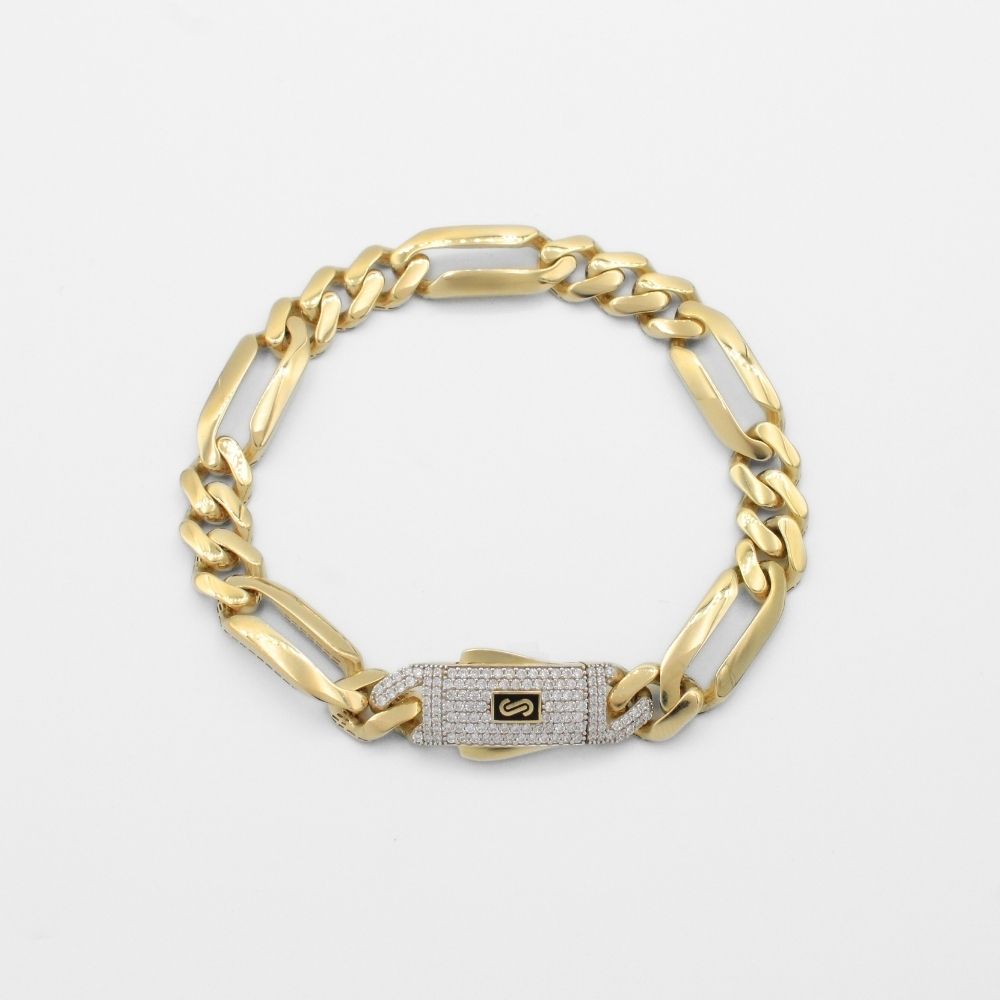 Pulsera Mónaco Chain 14k Modelo Fígaro Hueco de Broche Pavé con Incrustación de Swarovski mod. 9927