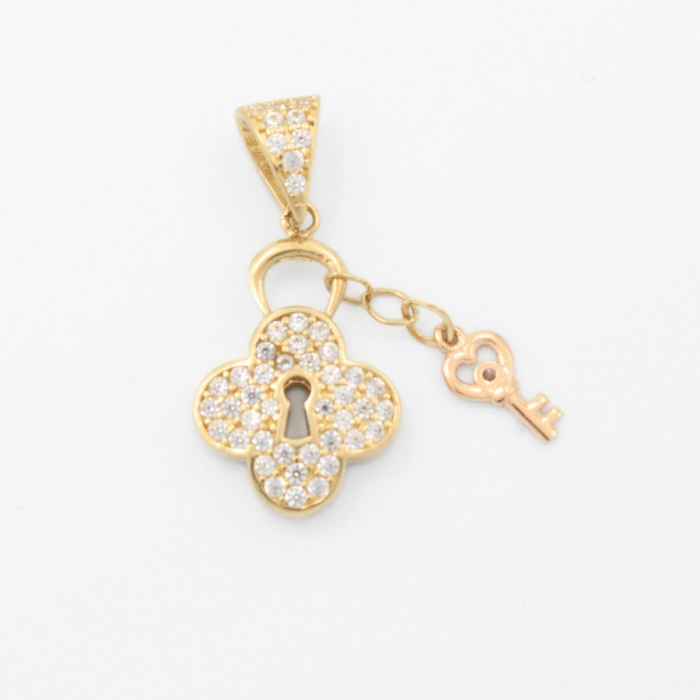 Dije de Oro 14k con Diseño de Trébol y Llave de Corazón mod. 9123