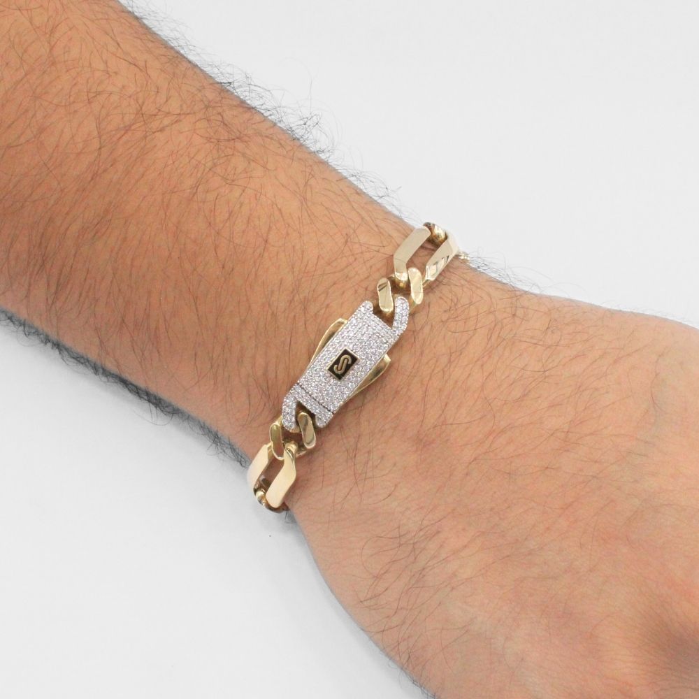 Pulsera Mónaco Chain 14k Modelo Fígaro Hueco de Broche Pavé con Incrustación de Swarovski mod. 9927