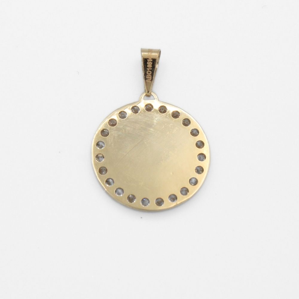 Medalla de Oro 14k de la Virgen de Guadalupe en Florentino con Orla de Corazones y Zirconias mod. 9898