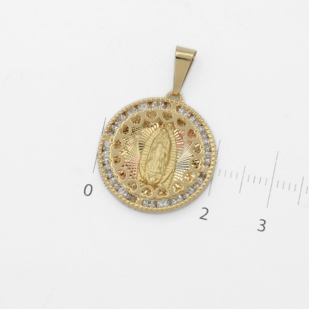Medalla de Oro 14k de la Virgen de Guadalupe en Florentino con Orla de Corazones y Zirconias mod. 9898