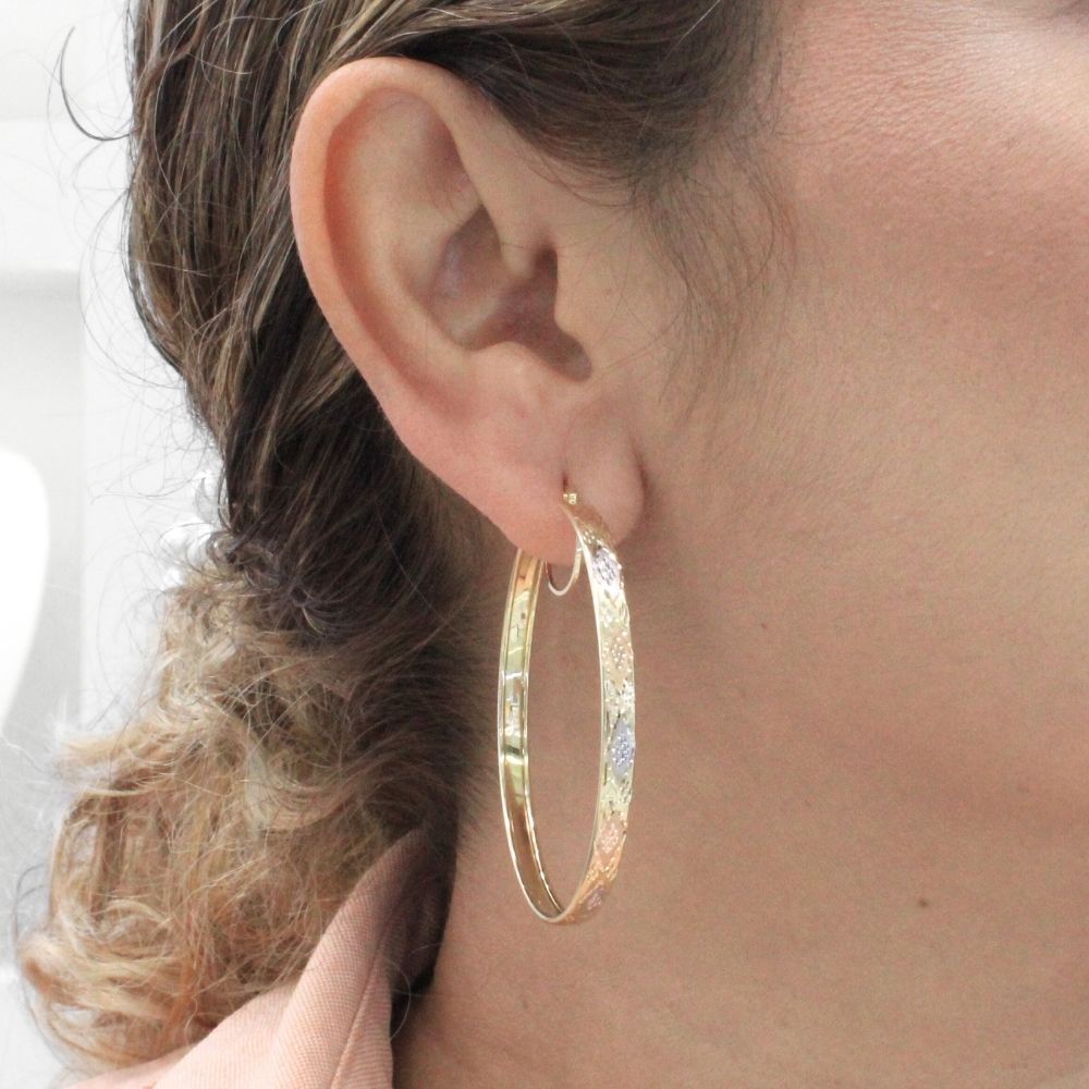 Arracada de Oro 14k Diseño Circular Hueco con Rombos en Diamantado Fino mod. 9775