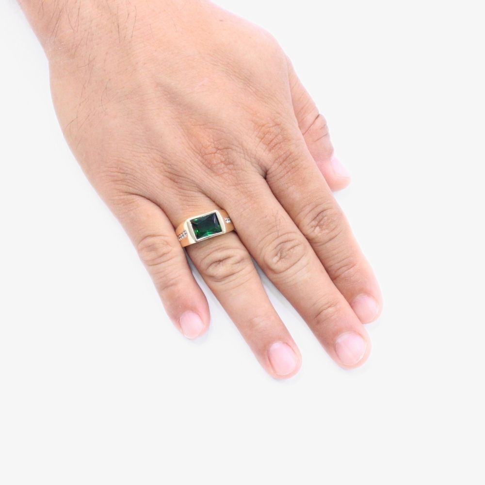 Anillo de Oro 14k de Diseño Confort con Incrustación de Zirconia Verde Esmeralda mod. 9292