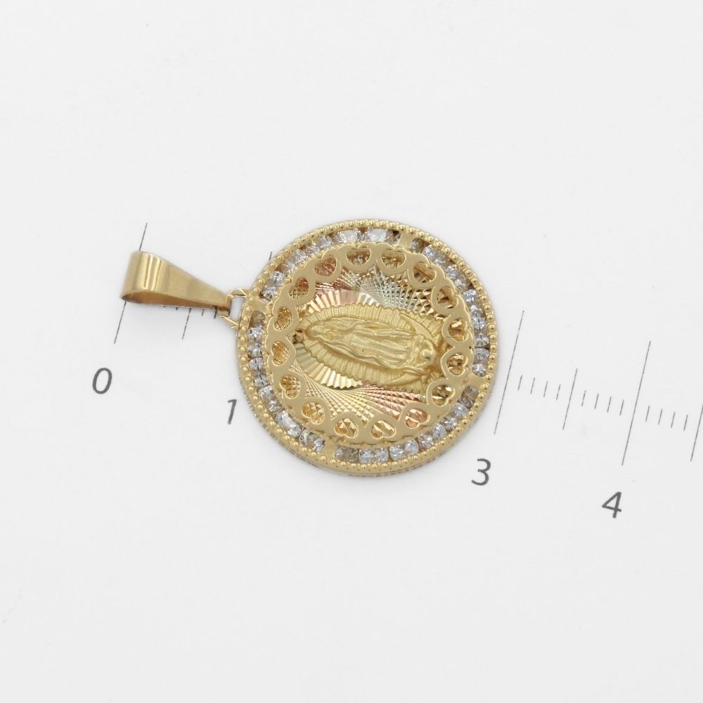 Medalla de Oro 14k de la Virgen de Guadalupe en Florentino con Orla de Corazones y Zirconias mod. 9898