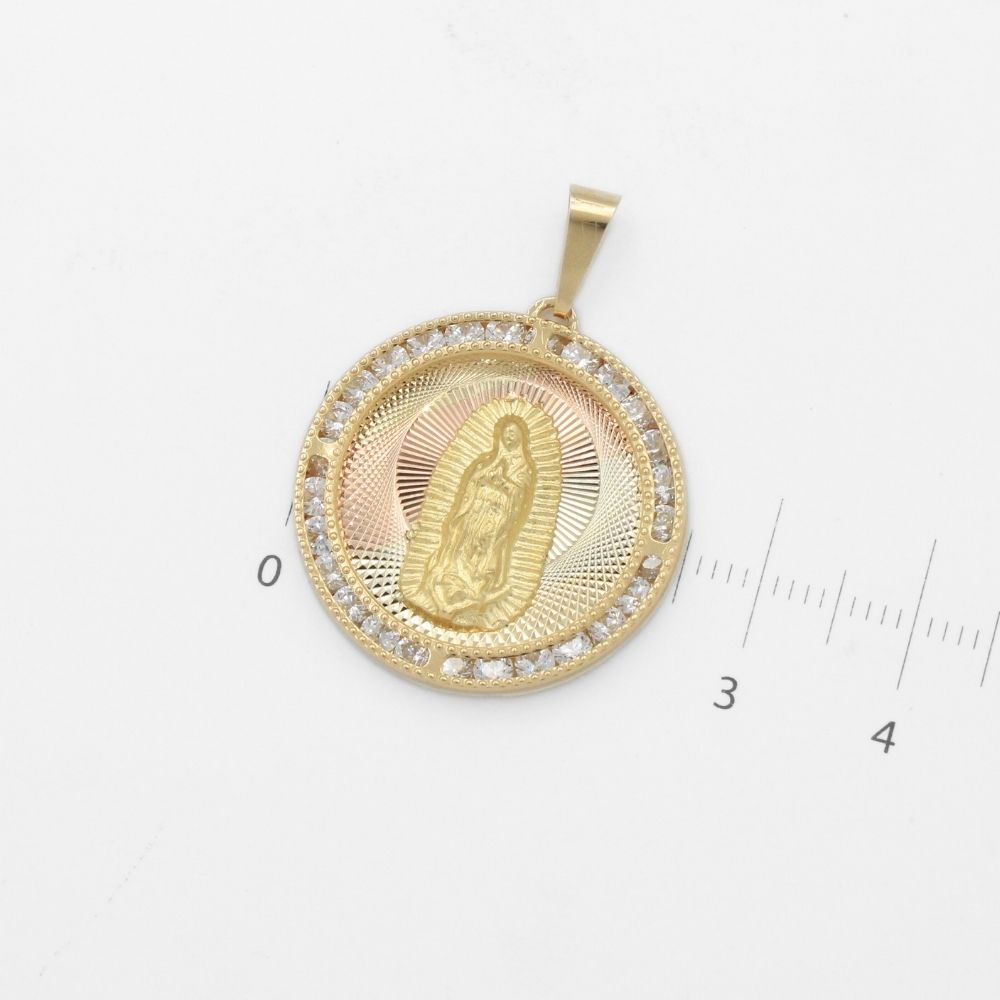 Medalla de Oro 14k de la Virgen de Guadalupe con Fondo Florentino y Borde con Zirconias mod. 9899