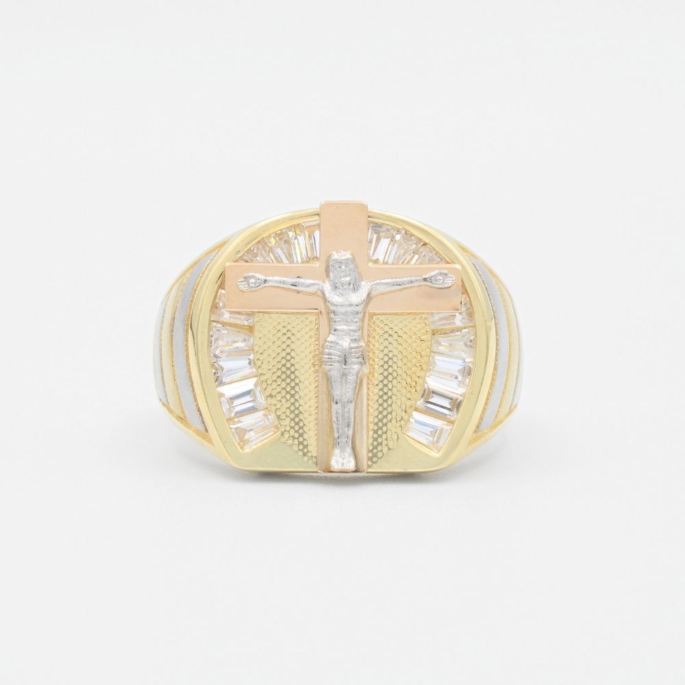 Anillo de Oro 14k Cristo en Herradura de Zirconias de Corte Baguette mod. 9453