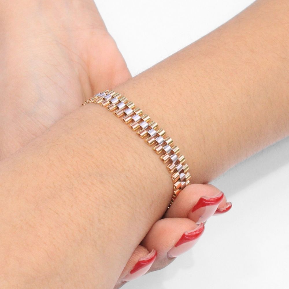 Pulsera de Oro 14k Tejido Hueco de Ensamblado Diseño de Tres Colores mod. 9803