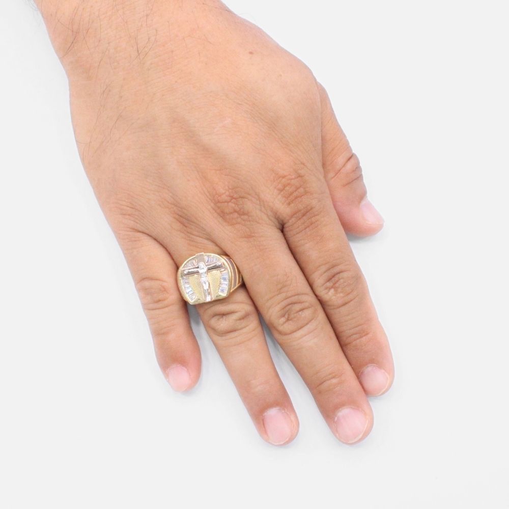 Anillo de Oro 14k Cristo en Herradura de Zirconias de Corte Baguette mod. 9453