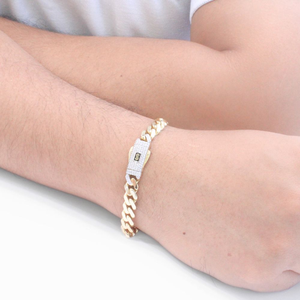 Pulsera Mónaco Chain 14k Modelo Edge Hueco con Broche Pavé mod. 9508