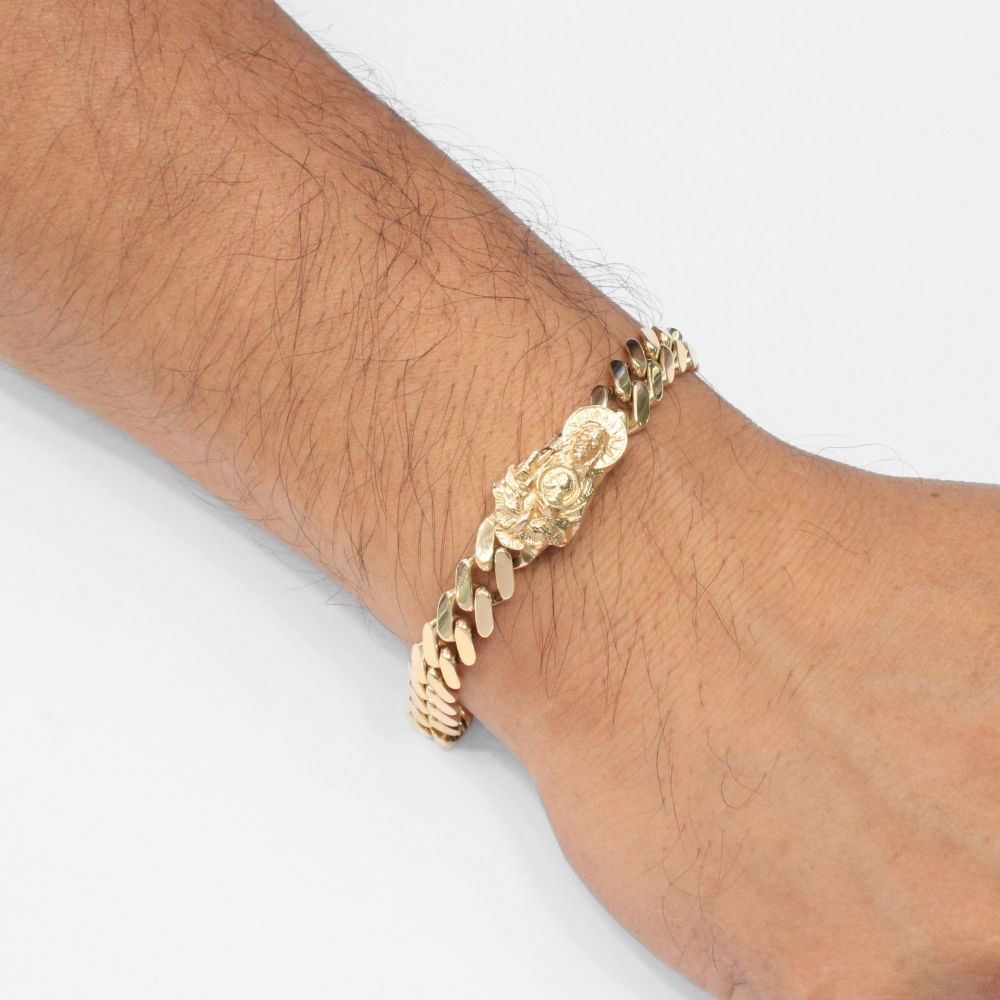 Pulsera de Oro 14k Tejido Barbado Hueco con Broche Especial de San Judas mod. 9742