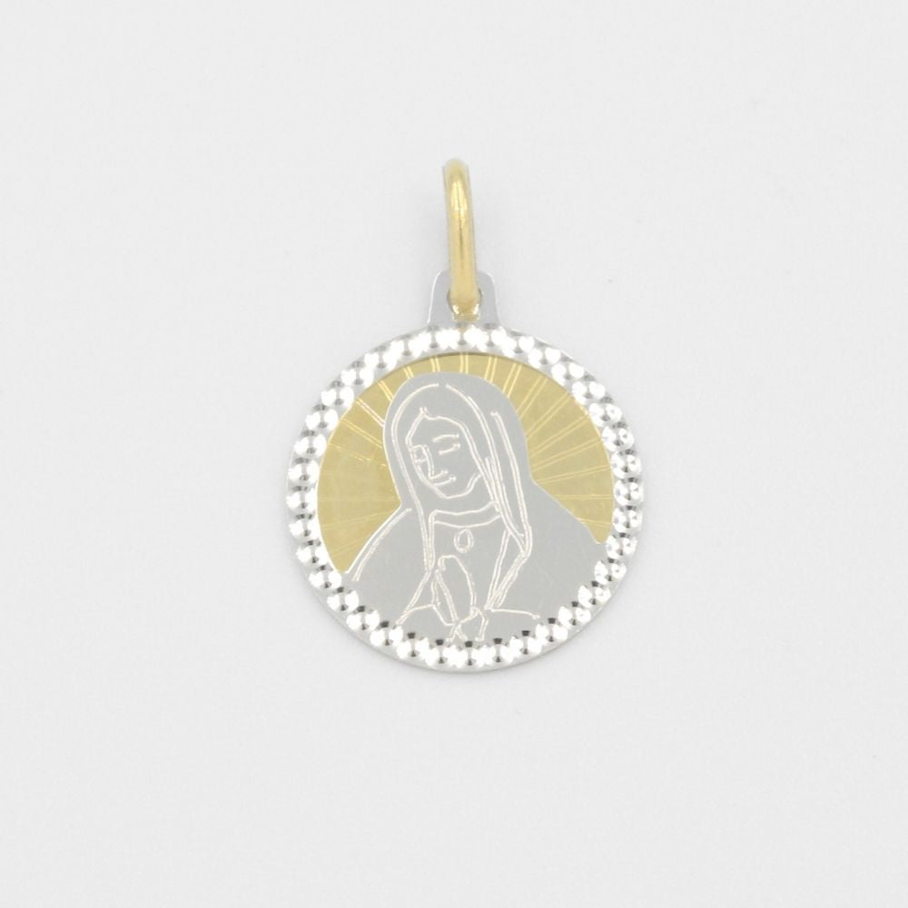 Medalla de Oro 14k Virgen Guadalupe en Grabado Blanco con Bisel de Martillado mod. 8023