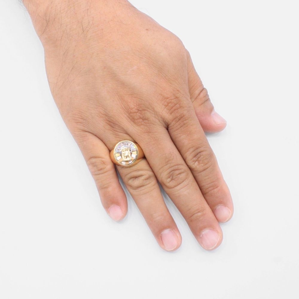 Anillo de Oro 14k Rostro Divino con Aura de Zirconias Baguette mod. 9454
