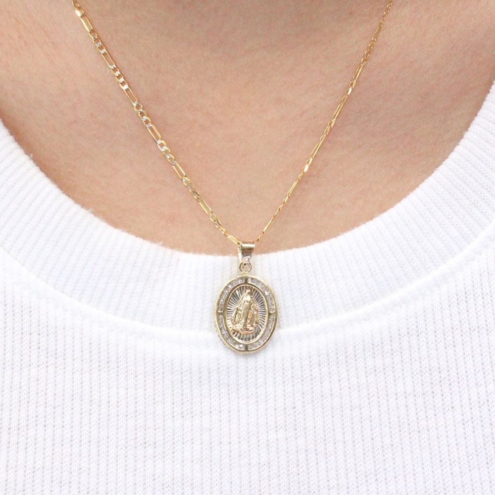 Medalla de Oro 14k de Diseño Oval Fino con Zirconias e Imagen de la Virgen Milagrosa mod. 9848
