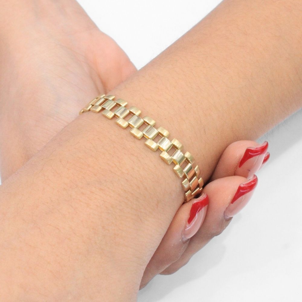 Pulsera de Oro 14k Tejido Ensamblado Hueco con Detalles en Tono Mate mod. 9804