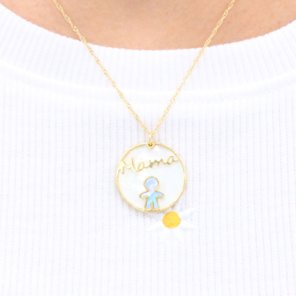 Dije de Oro 14k Diseño Niño y Mamá en Incrustación de Madre Perla mod. 9246