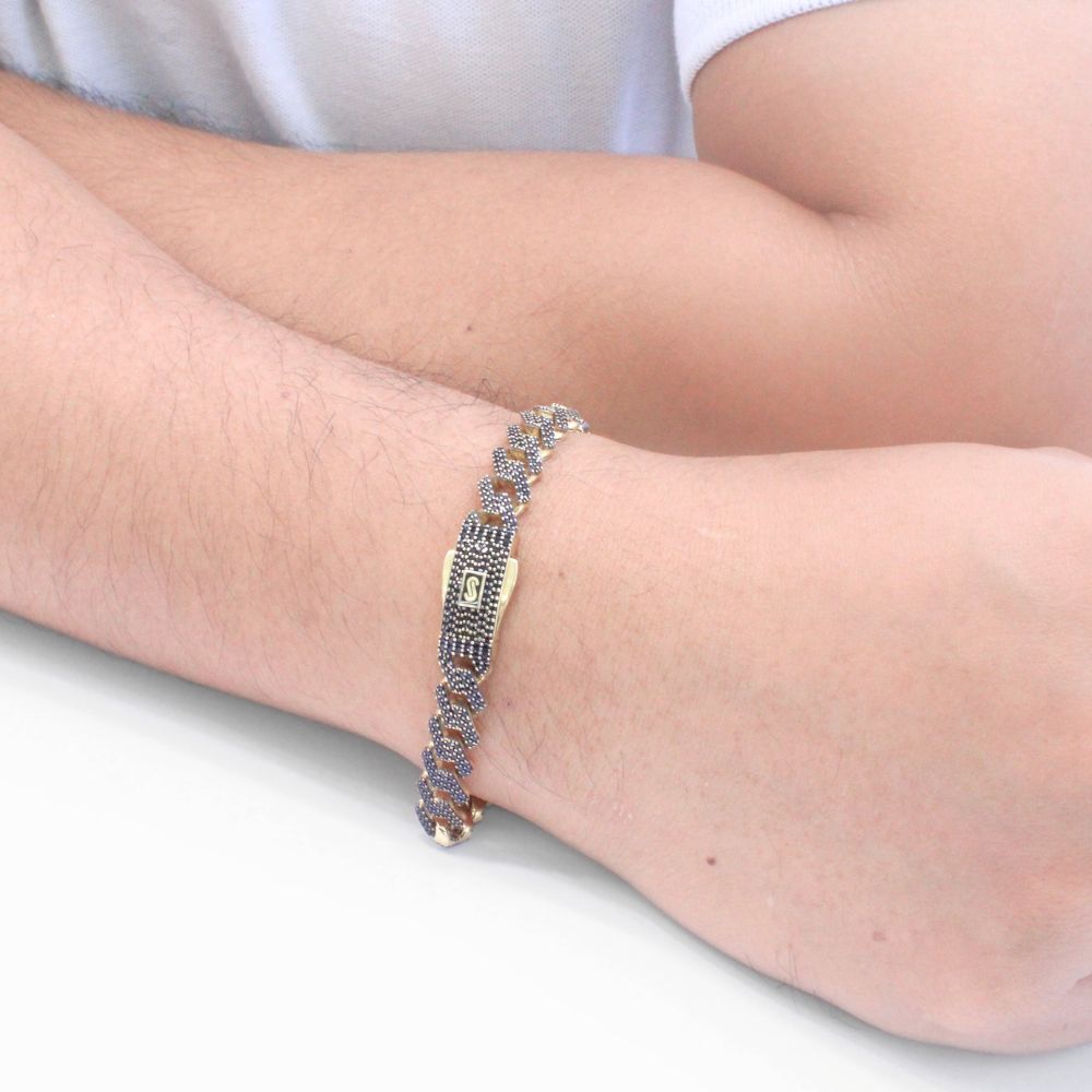 Pulsera Mónaco Chain 14k Modelo Edge Hueco con Broche Pavé Incrustado con Swarovski Obscuro mod. 9509