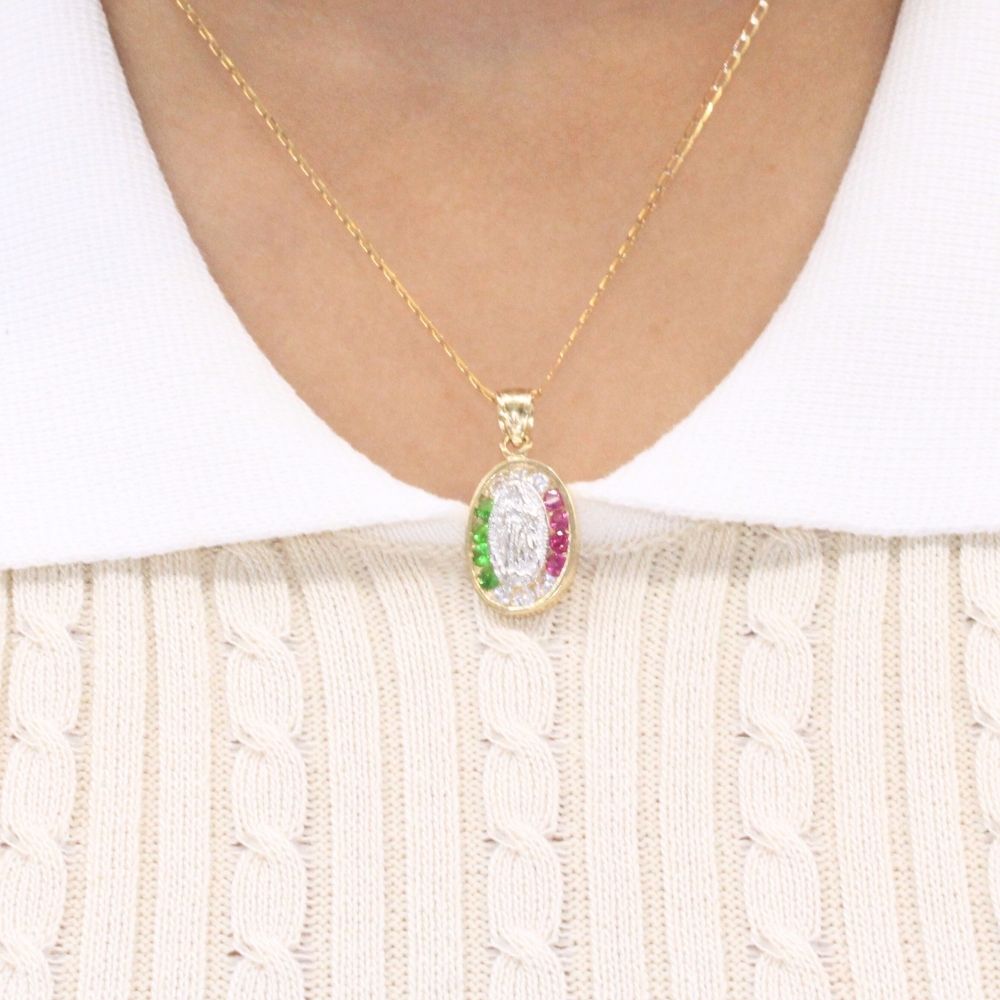 Medalla de Oro 14k Virgen Guadalupe con Zirconias de Colores Mexicanos mod. 8024
