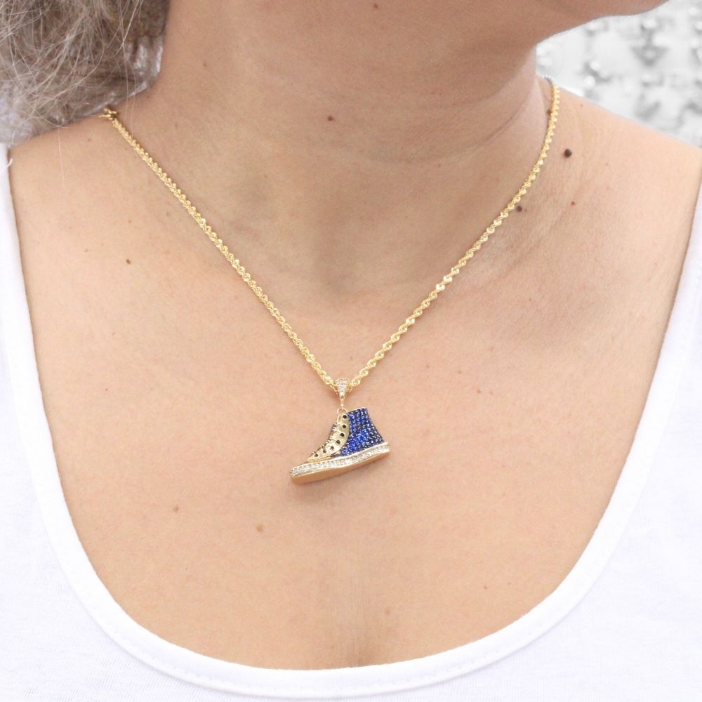 Dije de Oro 14k Tenis Hueco con Zirconias Color Azul Zafiro mod. 7908