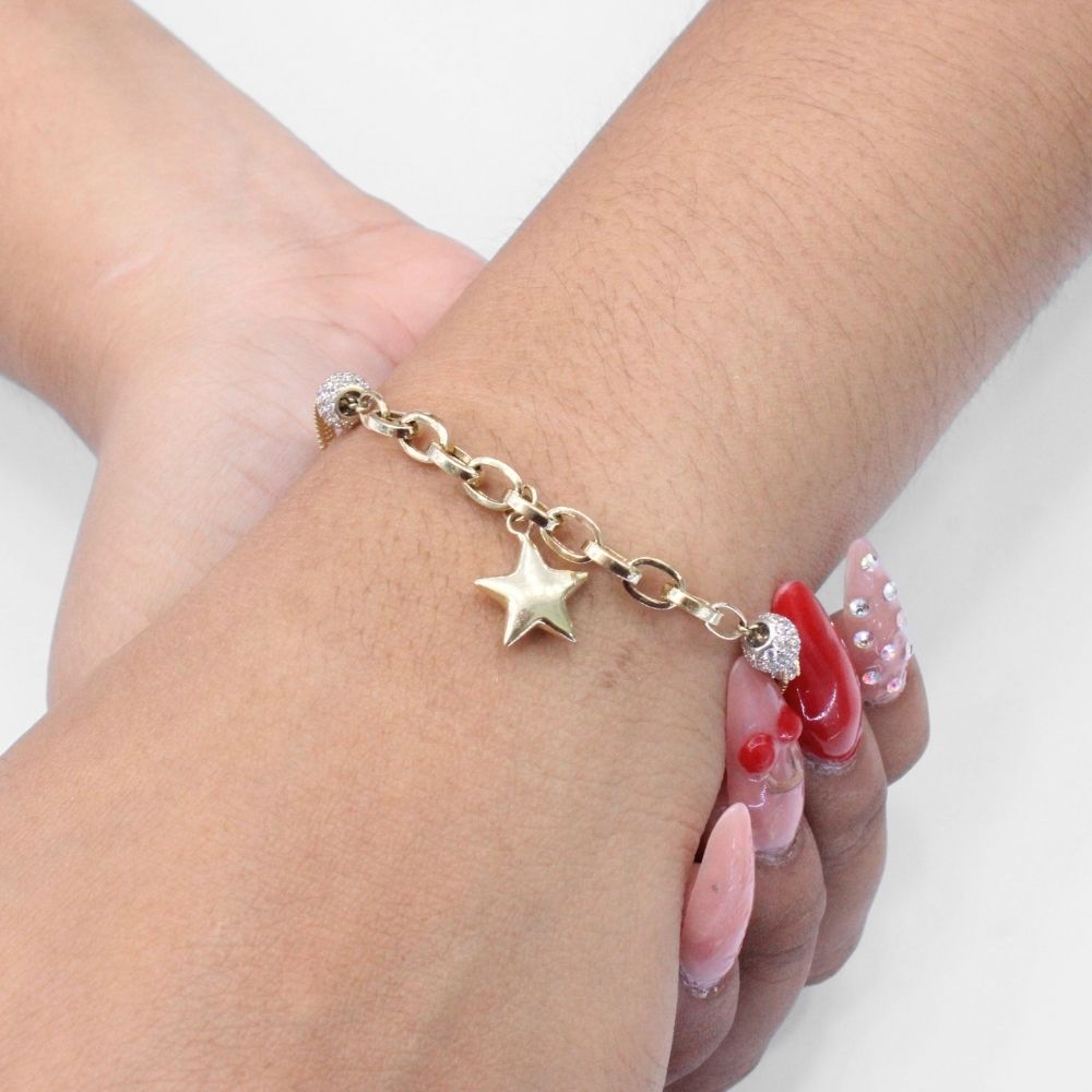 Pulsera de Oro 14k Diseño Especial con Esferas de Zirconias y Charm de Estrella mod. 9693