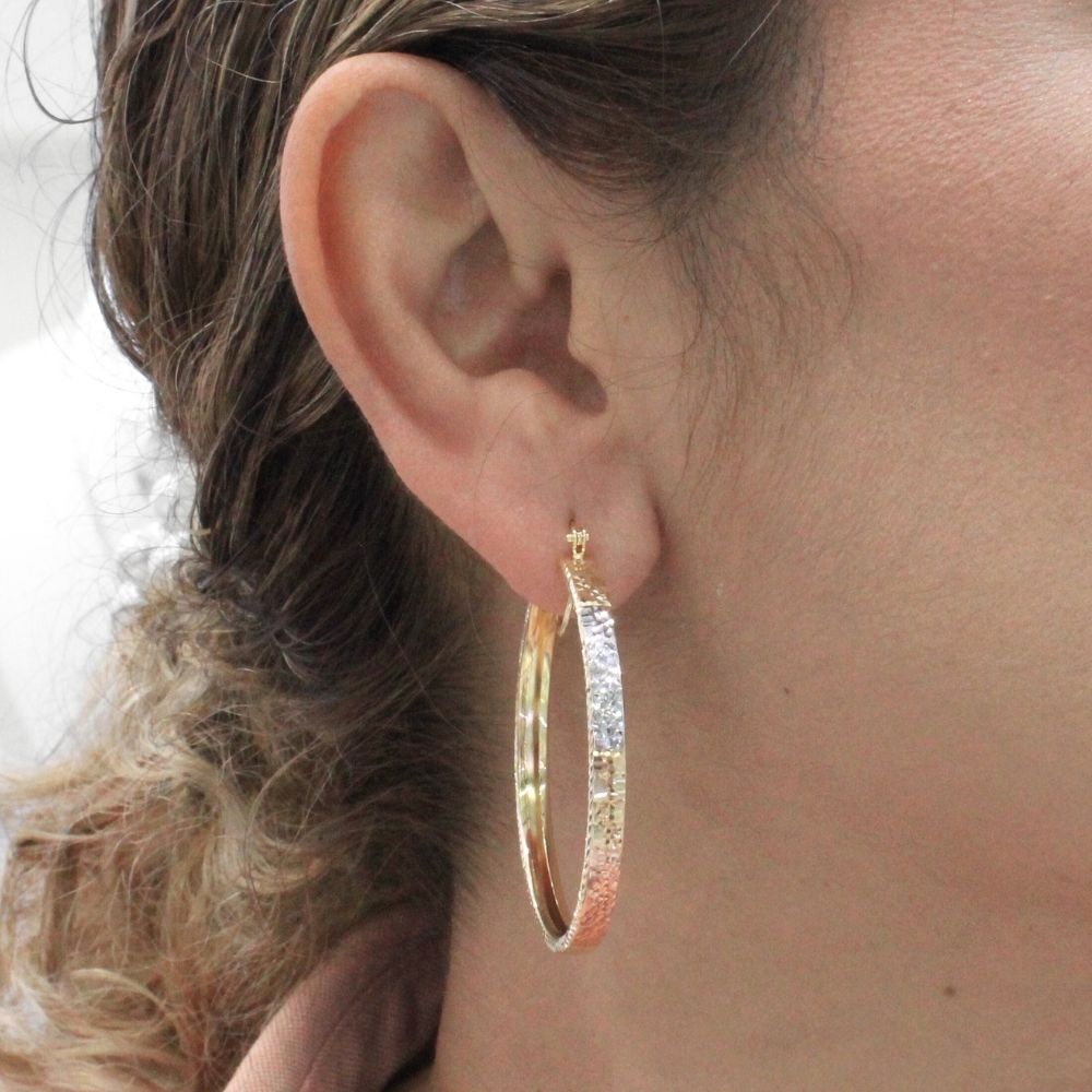 Arracada de Oro 14k Diseño Redondo y Hueco con Diamantado Estilo Barroco mod. 9778