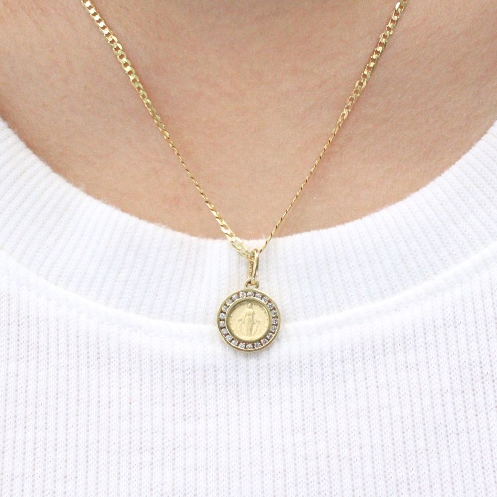 Medalla de Oro 14k Modelo Circular con Zirconias e Imagen de la Virgen Milagrosa mod. 9849