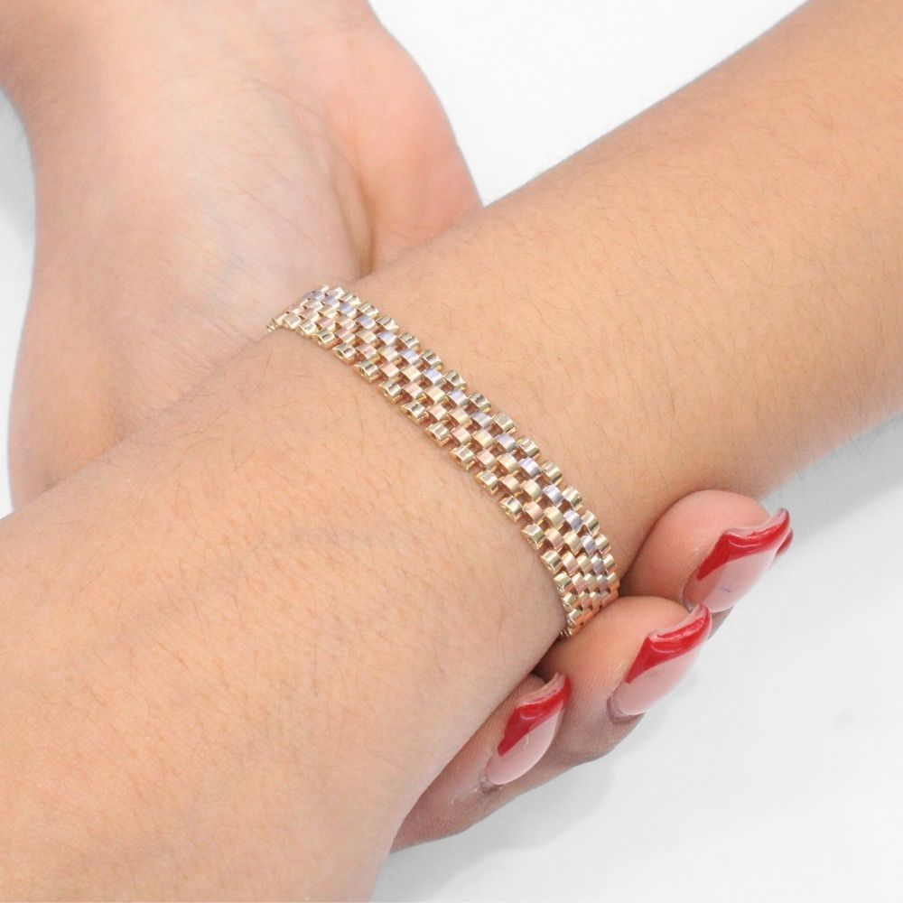 Pulsera de Oro 14k Tejido Ensamblado de 3 Colores con Diseño Estrecho mod. 9806