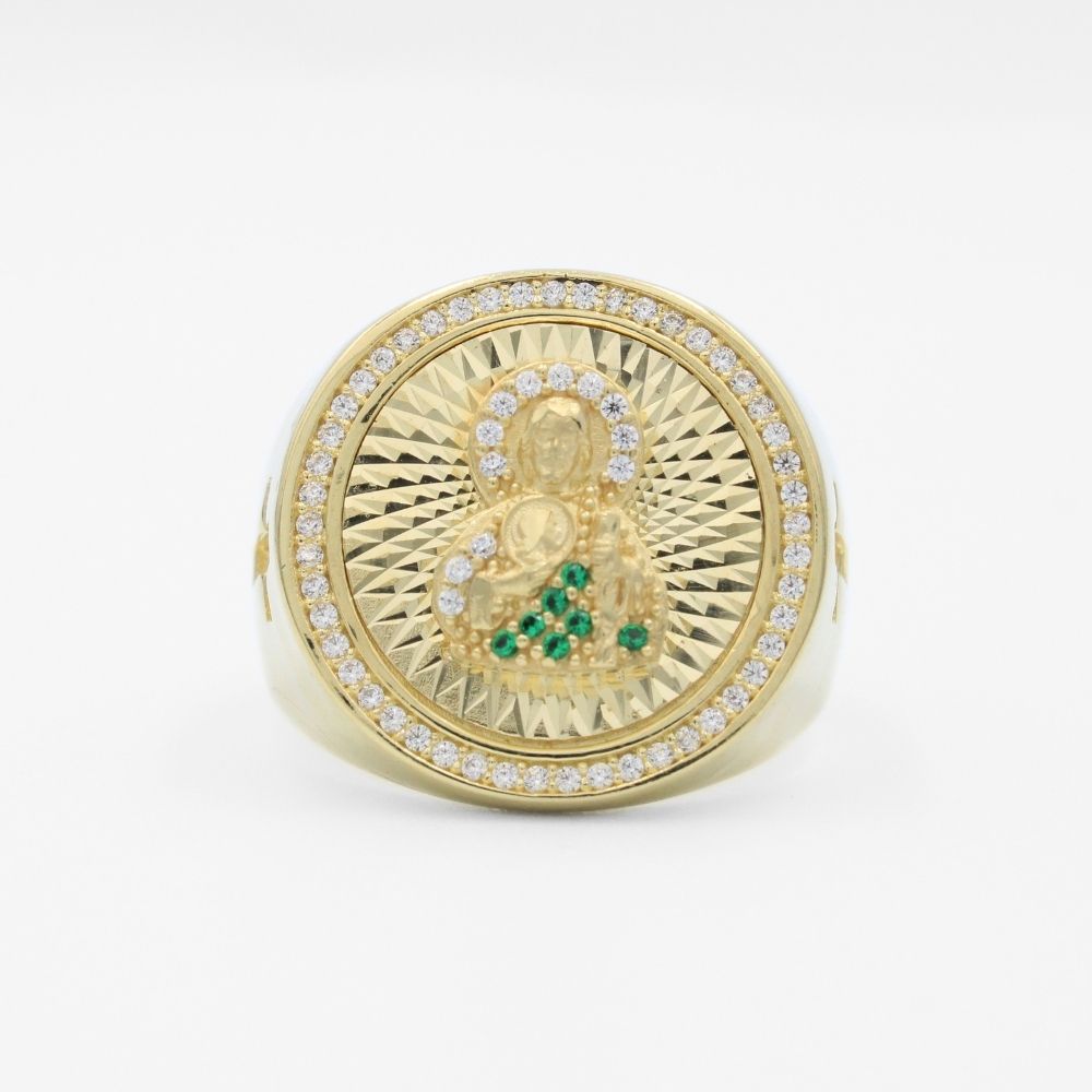 Anillo de Oro 14k Diseño de Frente Redondo Diamantado con Zirconias y Figura de San Judas mod. 9716