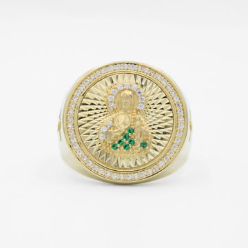 Anillo de Oro 14k Diseño de Frente Redondo Diamantado con Zirconias y Figura de San Judas mod. 9716