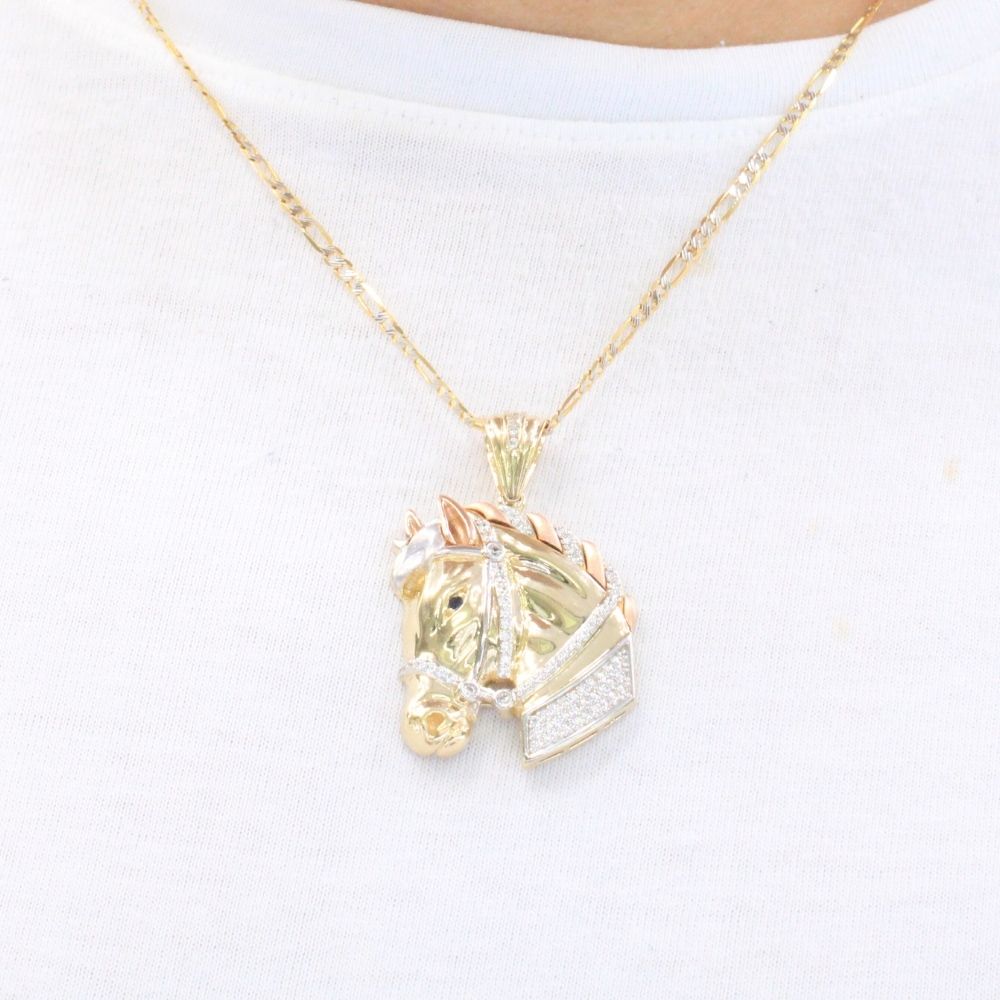 Dije de Oro 14k Diseño en Forma de Perfil de Caballo Estilo Brillante con Zirconias  mod. 9480