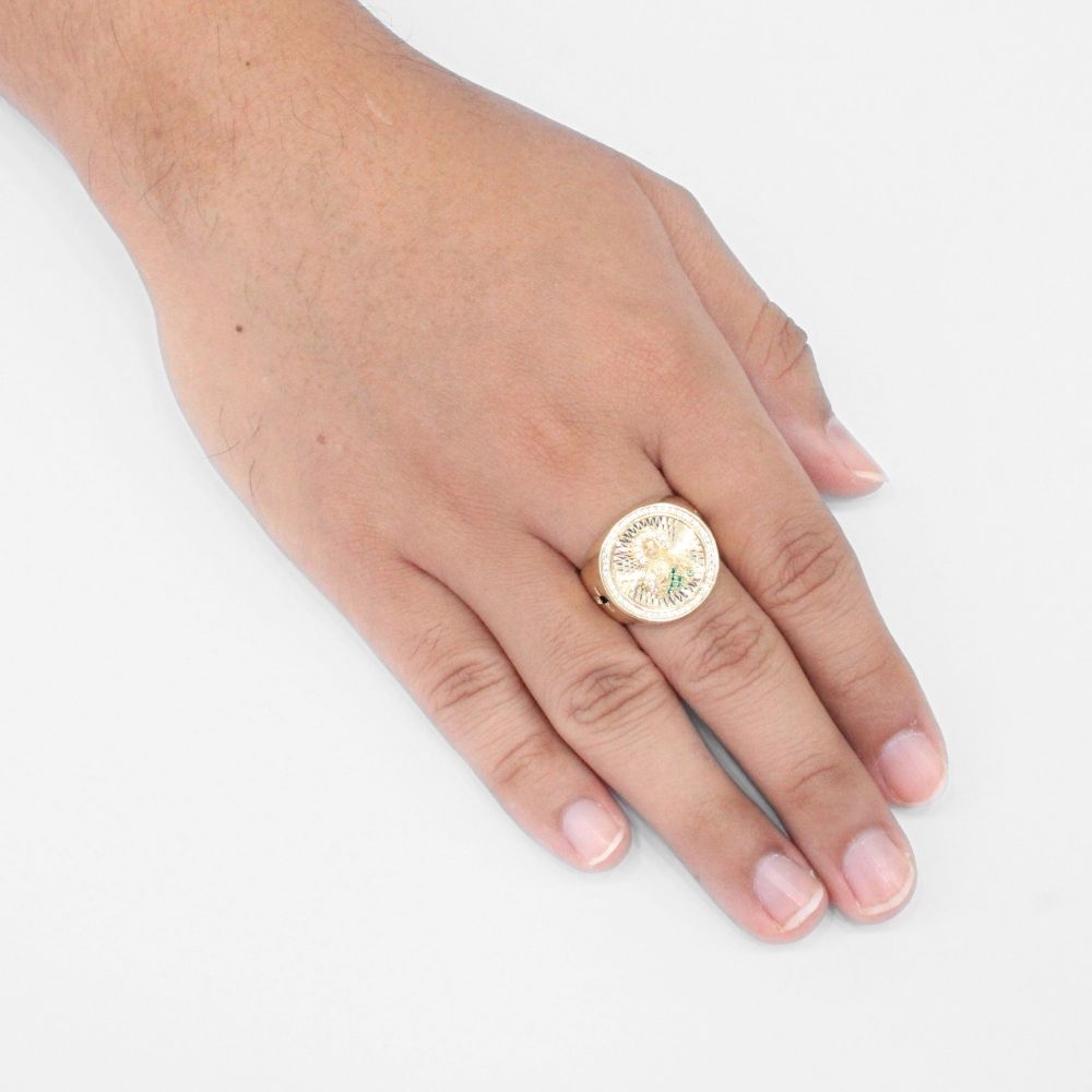 Anillo de Oro 14k Diseño de Frente Redondo Diamantado con Zirconias y Figura de San Judas mod. 9716