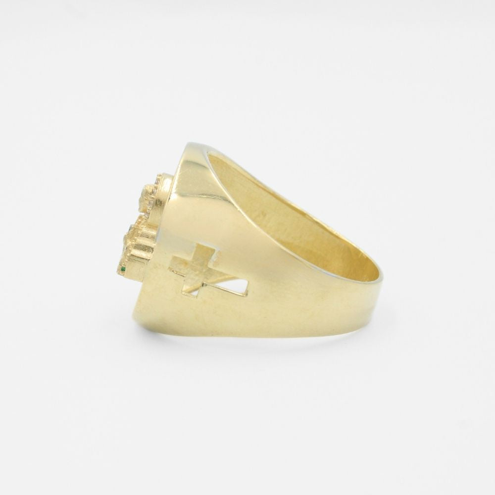 Anillo de Oro 14k Diseño de Frente Redondo Diamantado con Zirconias y Figura de San Judas mod. 9716