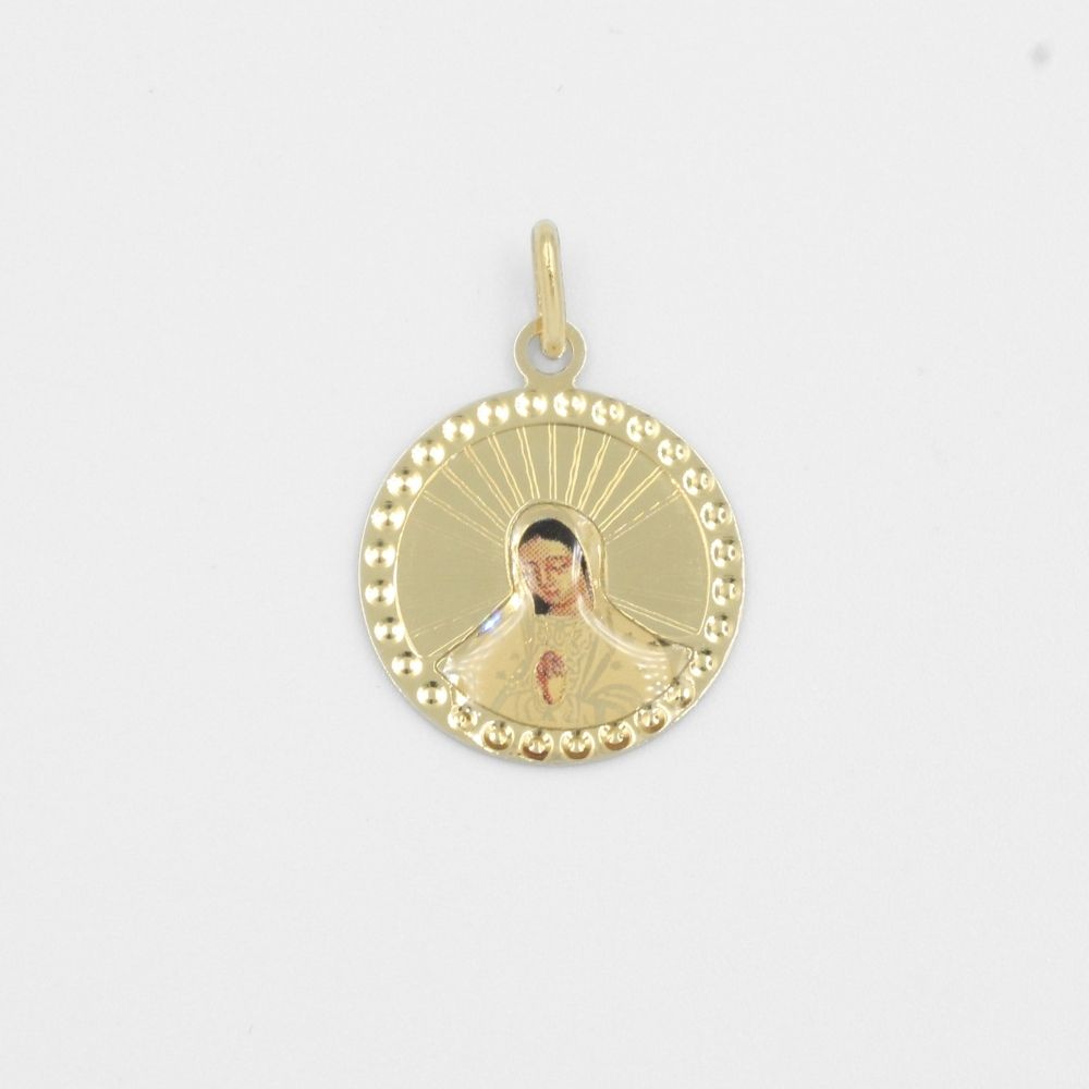 Medalla de Oro 14k Virgen Guadalupe de Esmalte en Fondo de Grabado y Bisel Martillado mod. 8027