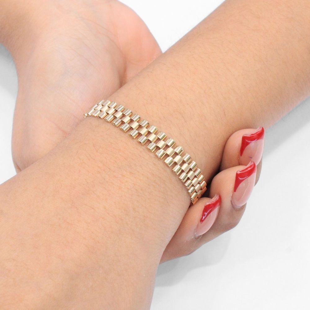 Pulsera de Oro 14k Tejido Ensamblado Estrecho de Diseño Hueco Detallado con Corona mod. 9807