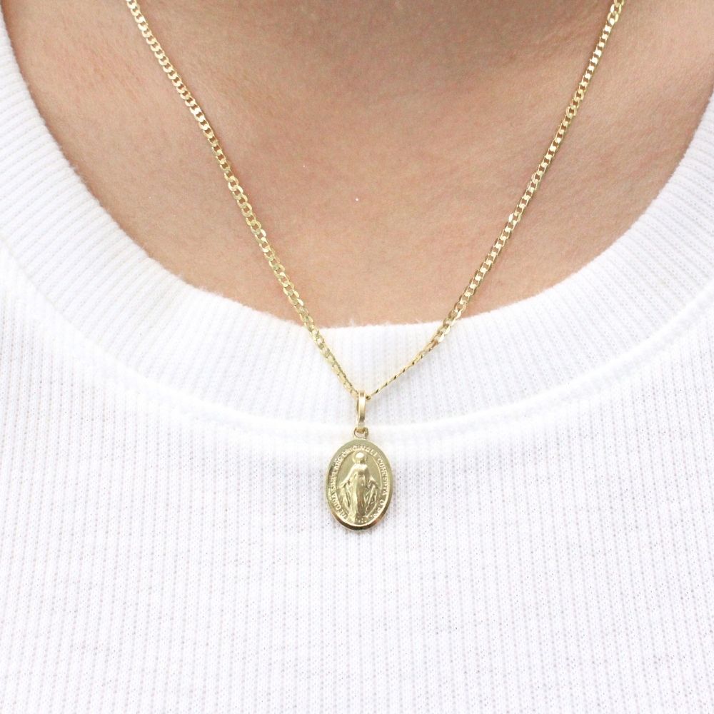 Medalla de Oro 14k con Forma Oval y Diseño Brillante de la Virgen Milagrosa mod. 9851
