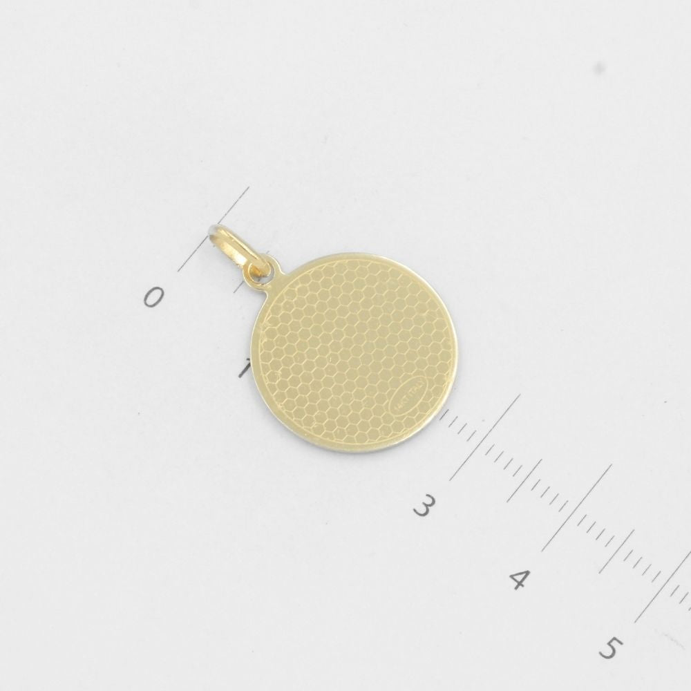 Medalla de Oro 14k Virgen Guadalupe de Esmalte en Fondo de Grabado y Bisel Martillado mod. 8027