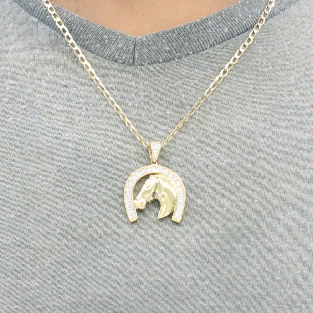 Dije de Oro 14k Diseño Herradura con Cabeza de Caballo Incrustado de Zirconia mod. 9437