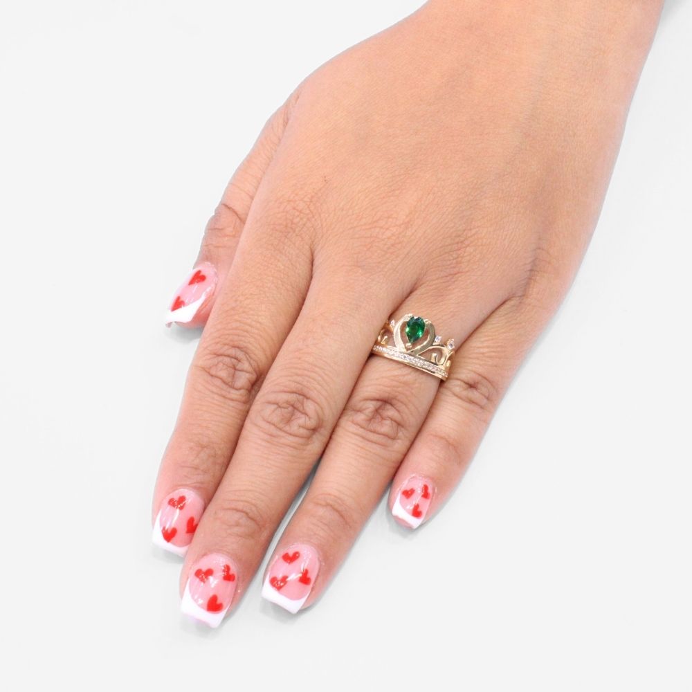 Anillo XV Años de Oro 14k Corona de Zirconia Color Verde Esmeralda mod. 8777